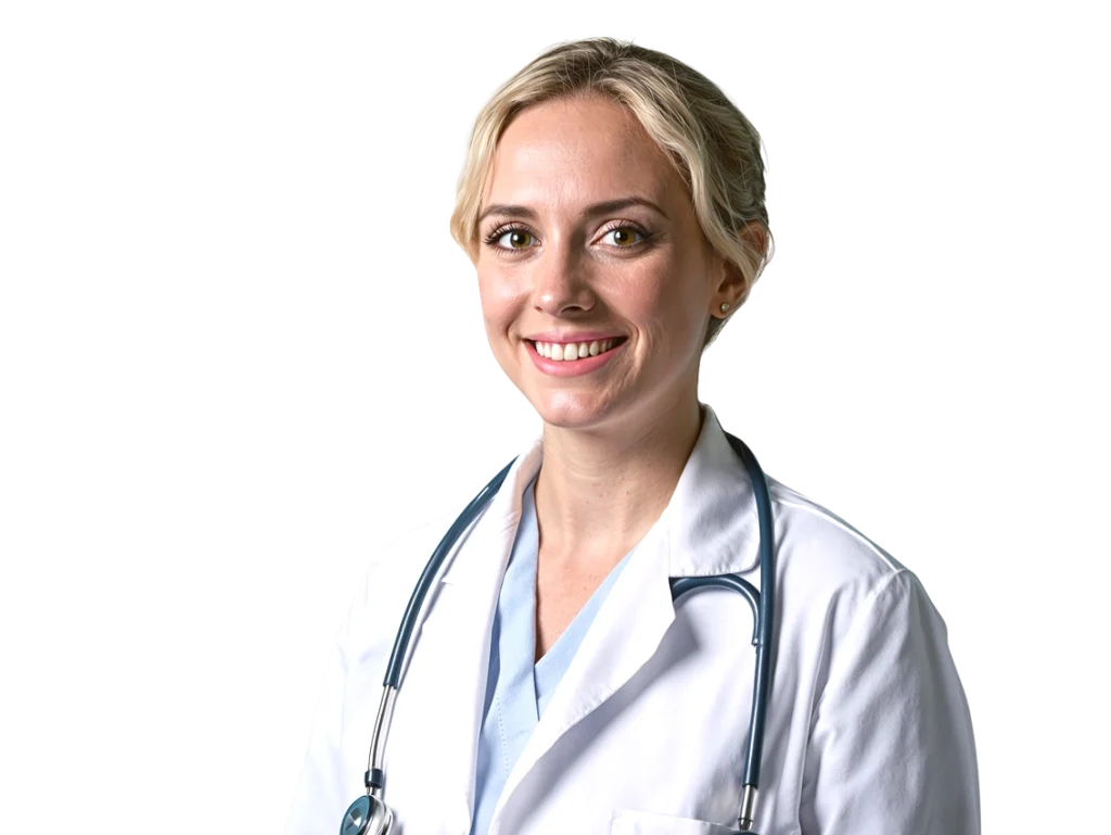 A woman wearing a white medical coat and stethoscope smiles at the camera against a plain background.