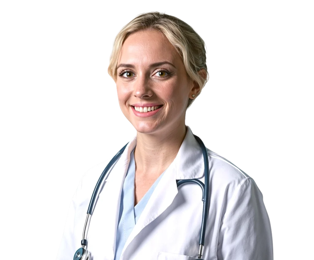 A woman wearing a white lab coat and stethoscope smiles at the camera against a plain background.